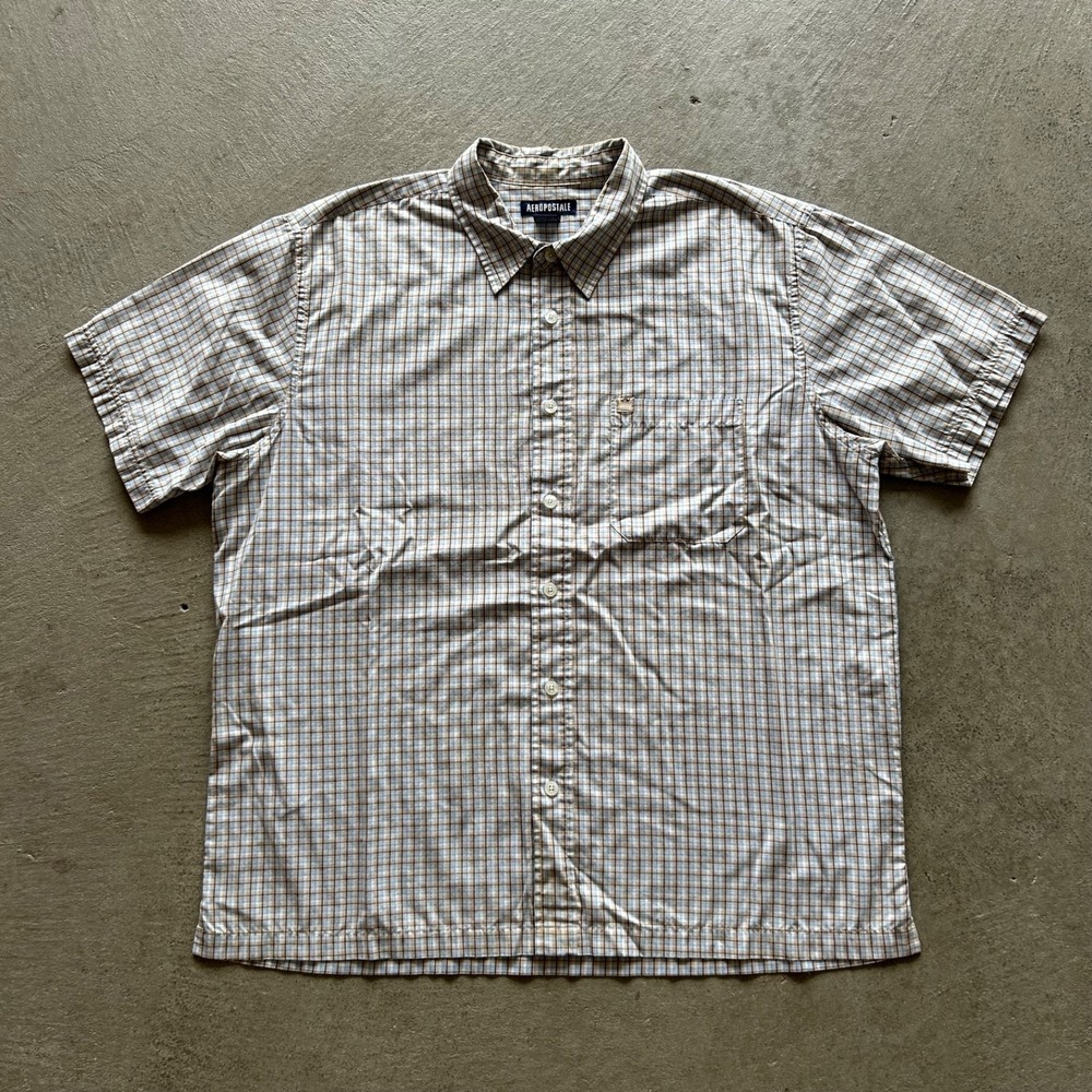 Vintage 90s Aeropostale Button Up Shirt Size Large Blue Brown Grid Plaid Pocket